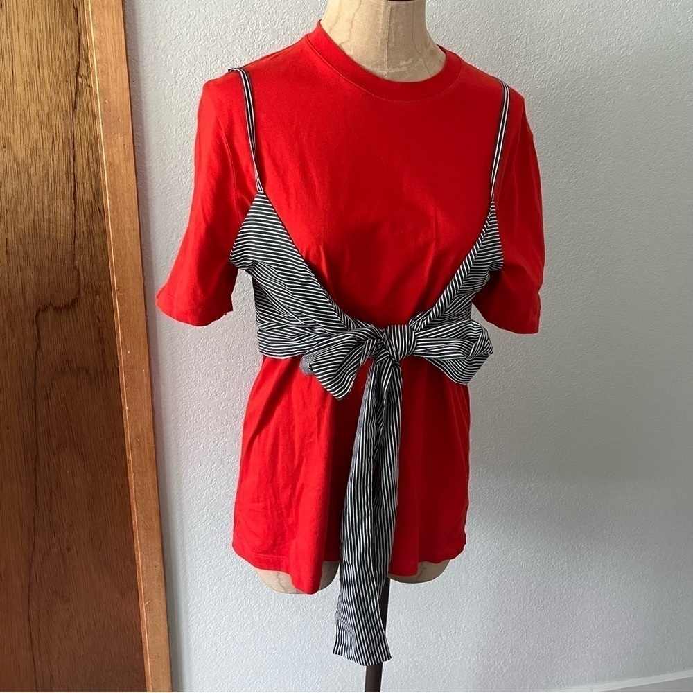 MSGM sz S Red Short Sleeve Tshirt w/ Detachable Bow Tie Tank Top Striped